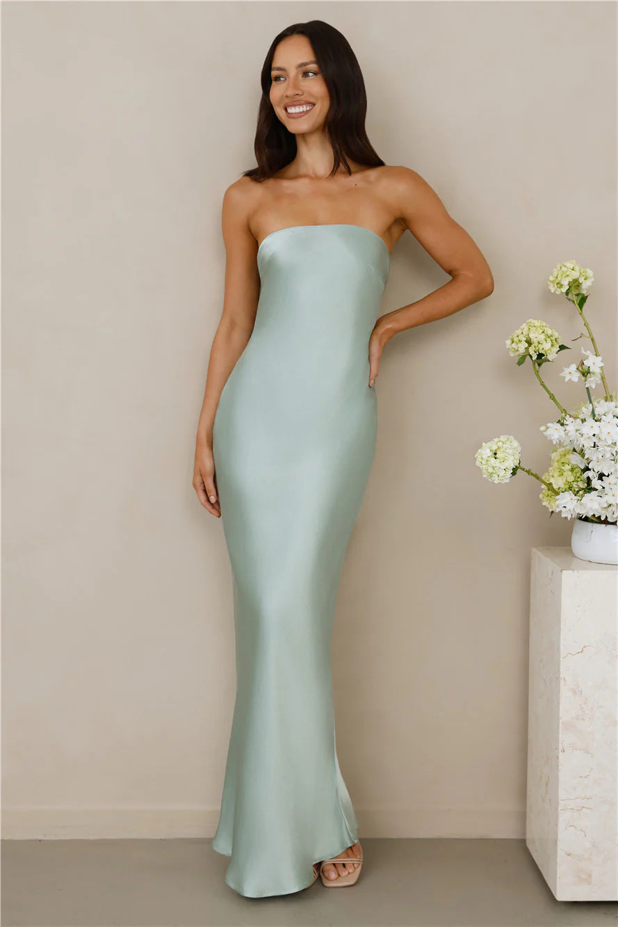 Damen rückenfreies Satin-Maxikleid