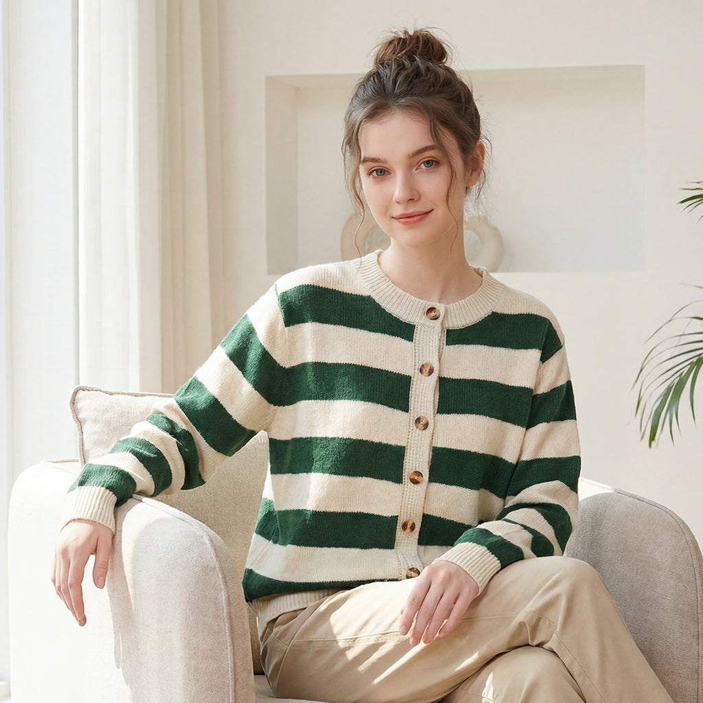 Gestreifter Strick-Cardigan Grün-Weiss