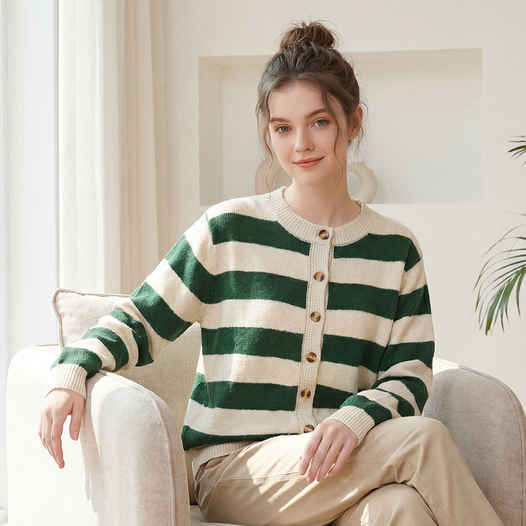 Gestreifter Strick-Cardigan Grün-Weiss