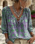 V-Neck Leinen-Imitat Bluse mit Print und Bindeband
