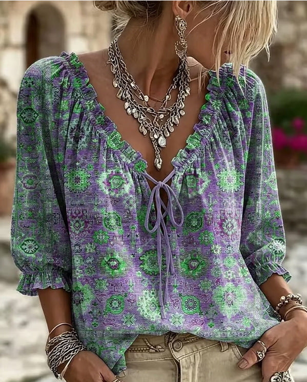 V-Neck Leinen-Imitat Bluse mit Print und Bindeband