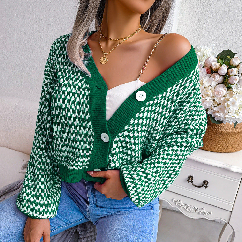 Cardigan mit Farbblock-Plaid und Puffärmeln