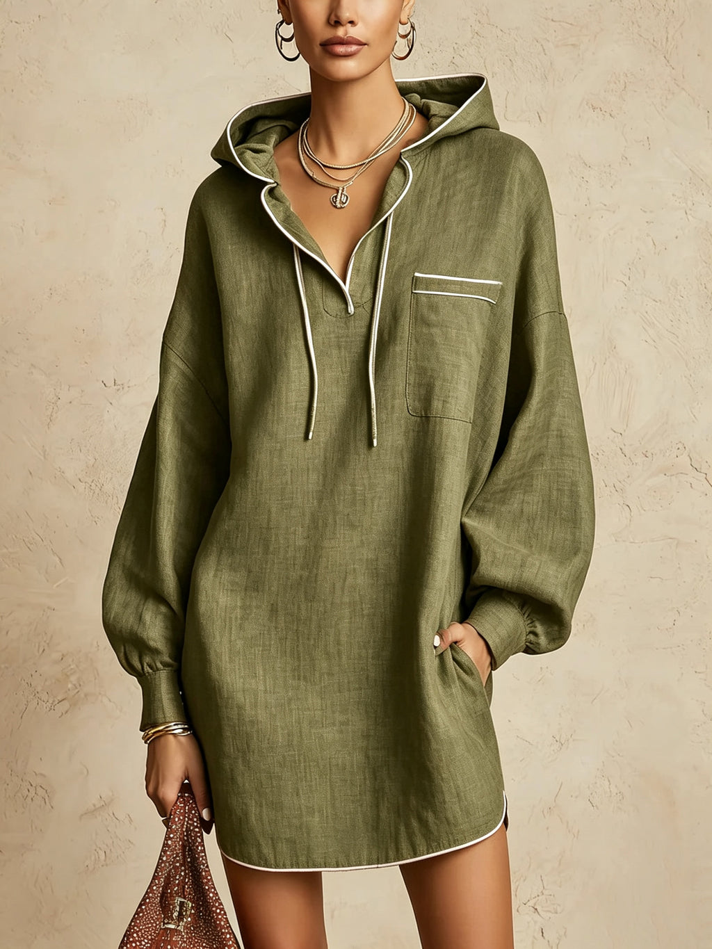 Midi-Kleid mit Kapuze und Kordelzug