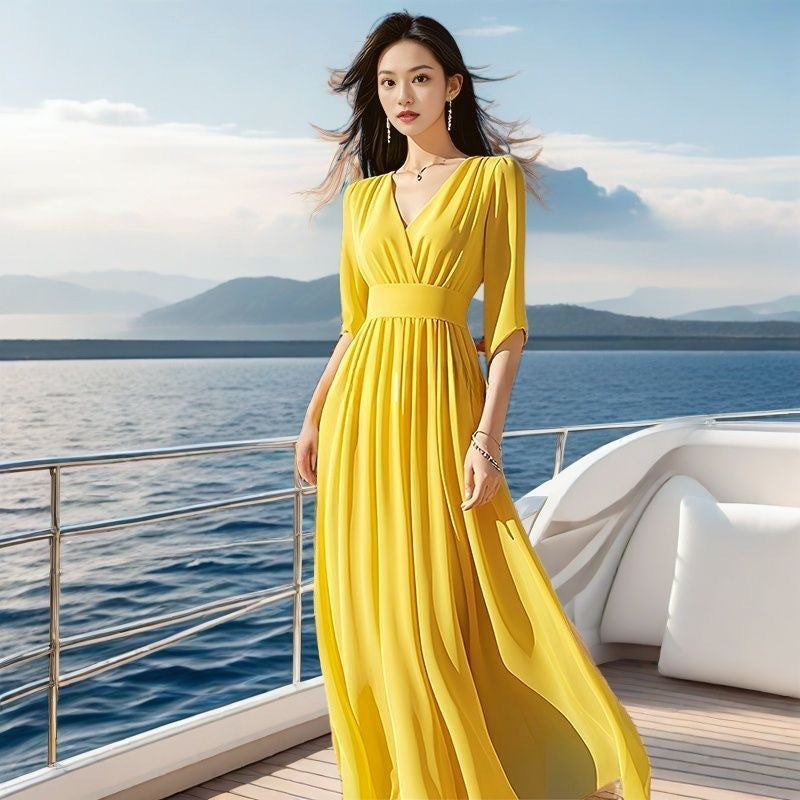 Gelbes Chiffonkleid mit V-Ausschnitt – Bild 3 | LuxeStyle