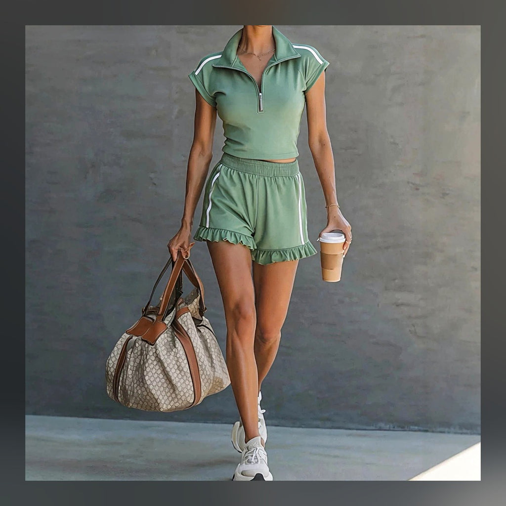 LuxeStyle-Edit · 2-teiliges Sommer-Set – Zip-Top & Rüschen-Shorts (Damen)