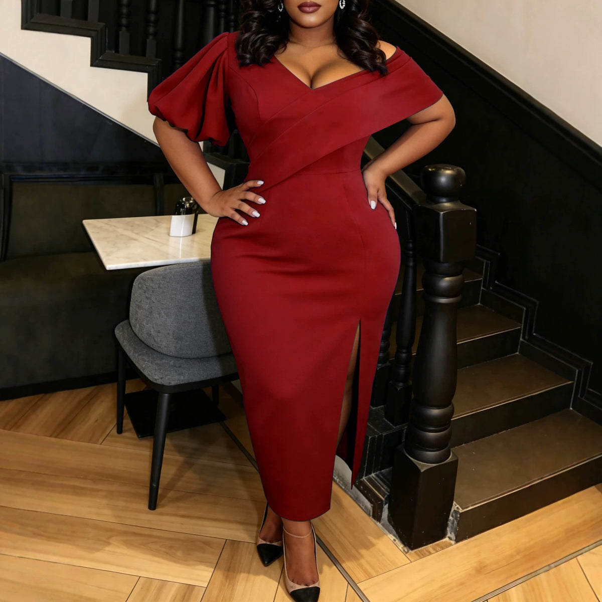 Damen-Kleid mit Schlitz und Off-Shoulder – Bild 4 | LuxeStyle