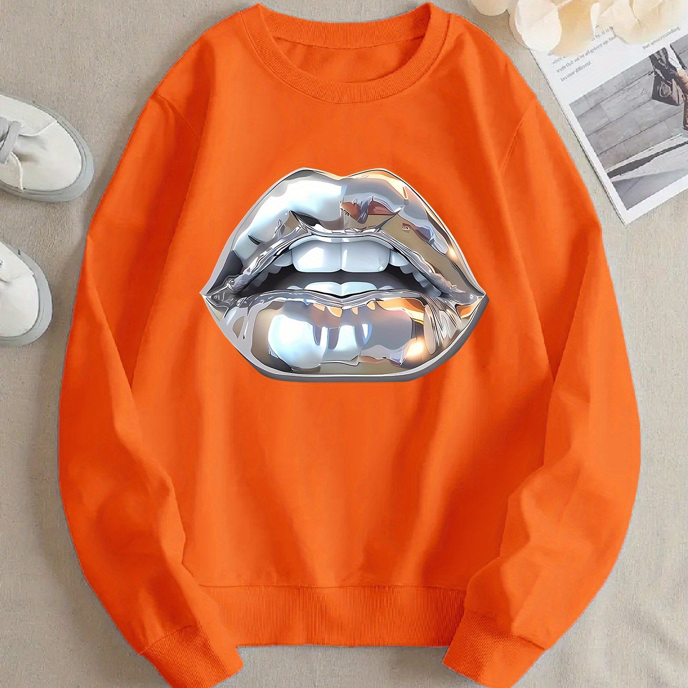 Cartoon Sweatshirt mit Lippen-Print für Damen