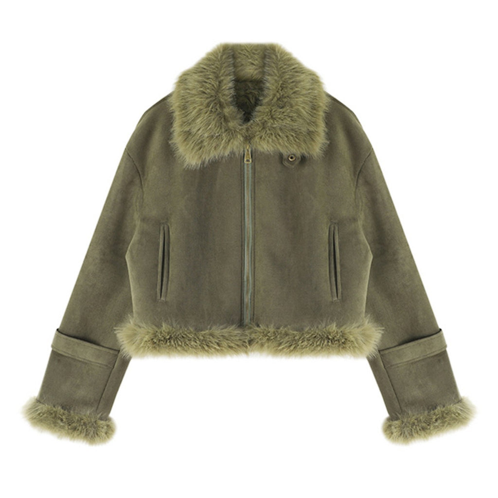 Kurze Biker-Jacke aus Lederimitat und Fell