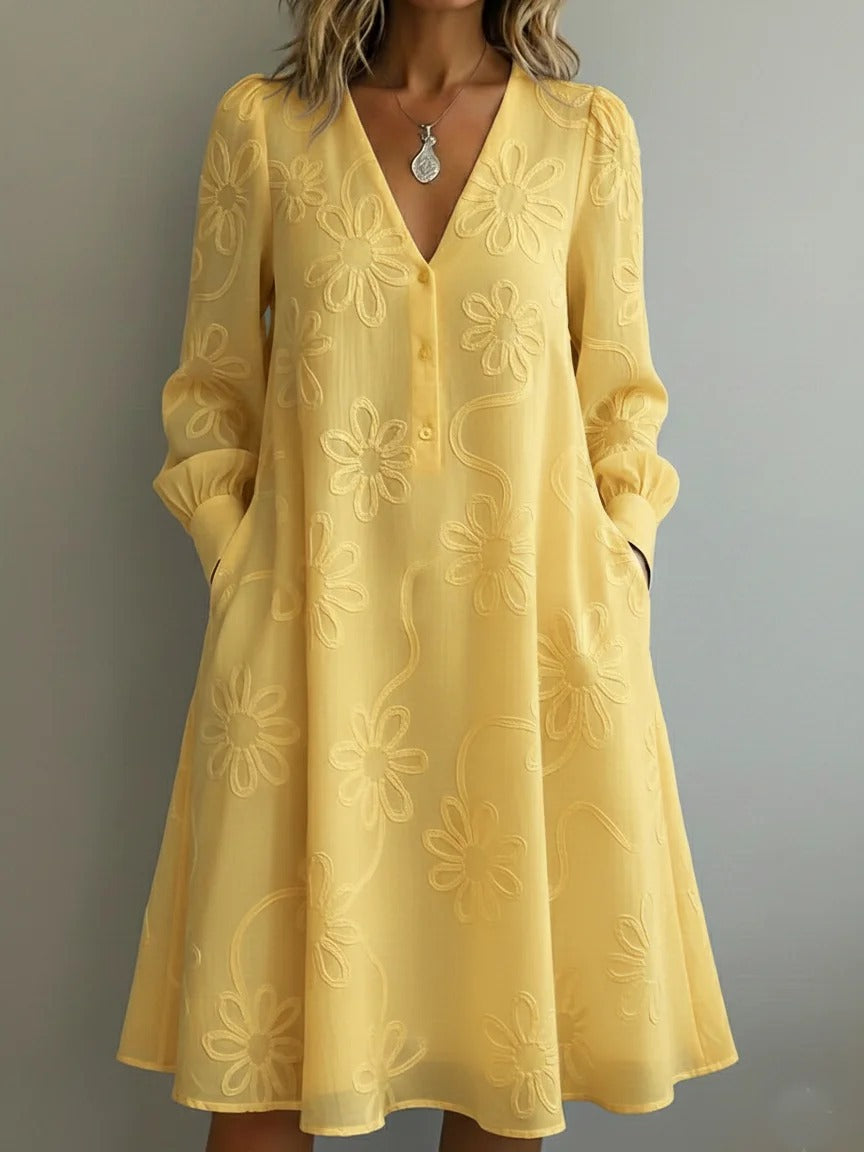 Elegantes Vintage Blumenstickerei V-Neck Kleid