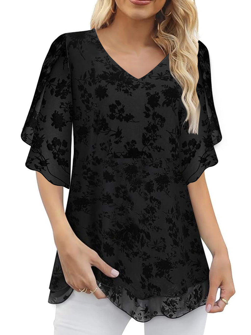 V-Neck Mesh Top mit 3/4-Ärmeln und Taillenschnürung