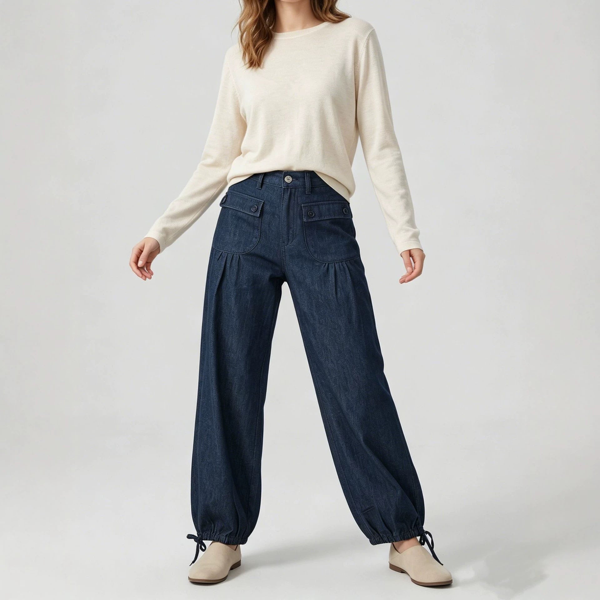Weite Damen-Jeans mit Rüschensaum
