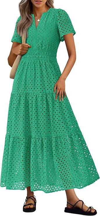 Kurzes V-Neck Kleid mit Lochstickerei – Bild 5 | LuxeStyle