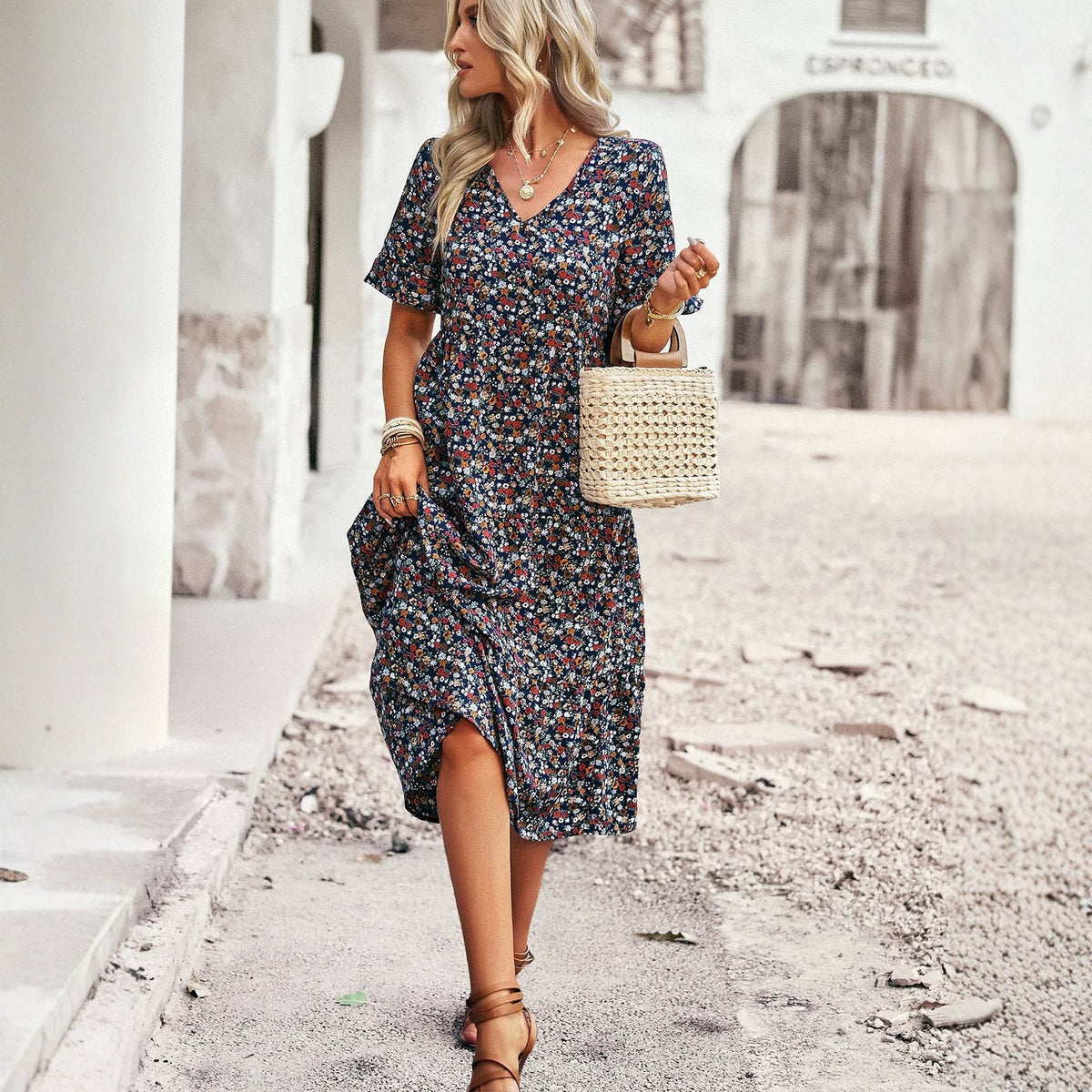 Boho V-Ausschnitt Strandkleid Langarm – Bild 4 | LuxeStyle