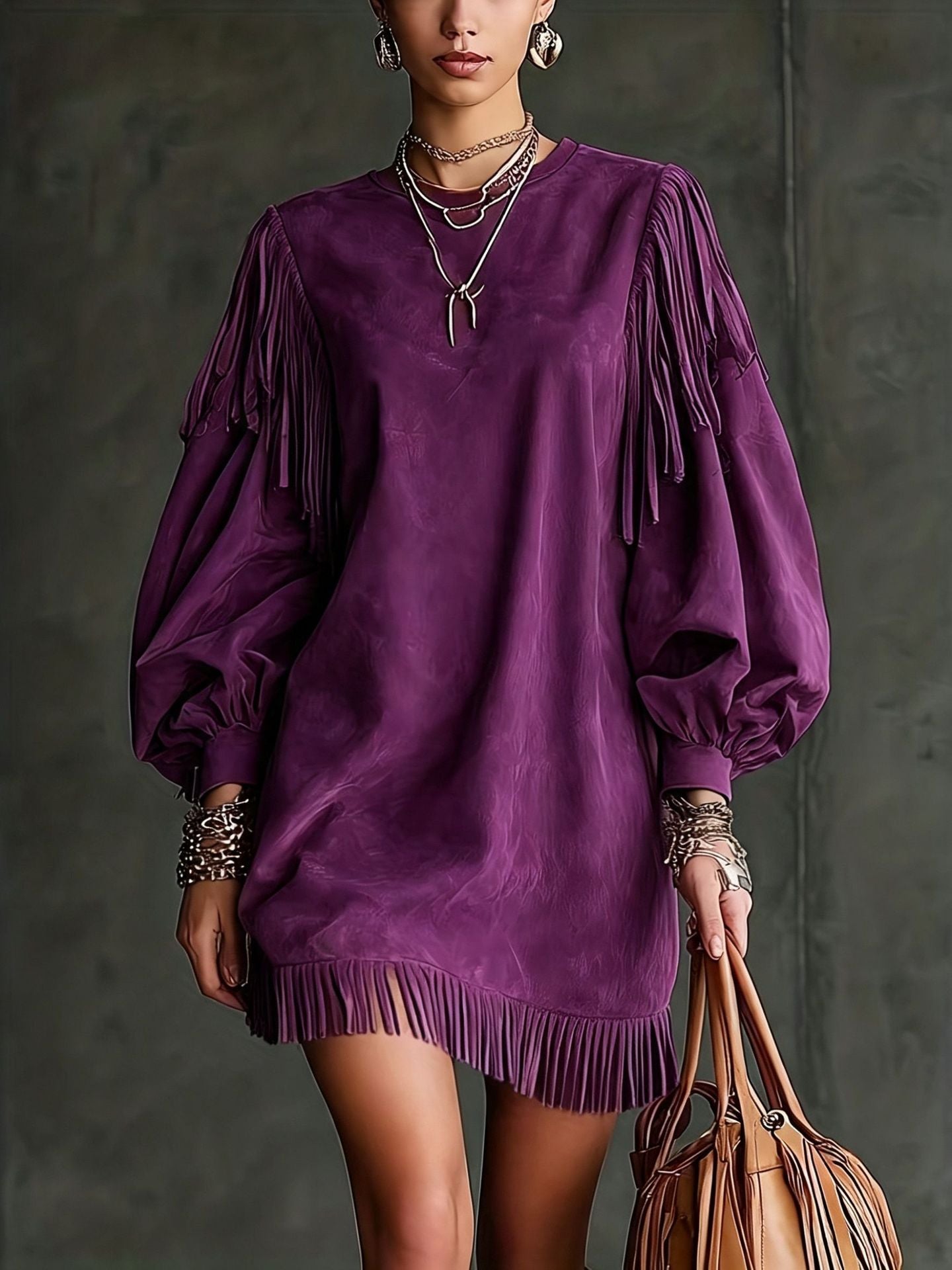 Damen Kurzarmkleid mit Lanternenärmeln und Fransen