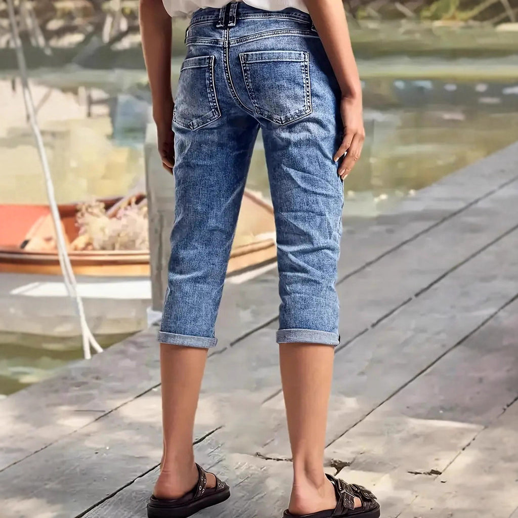 Navy-Blau Jeans Shorts mit Patchwork