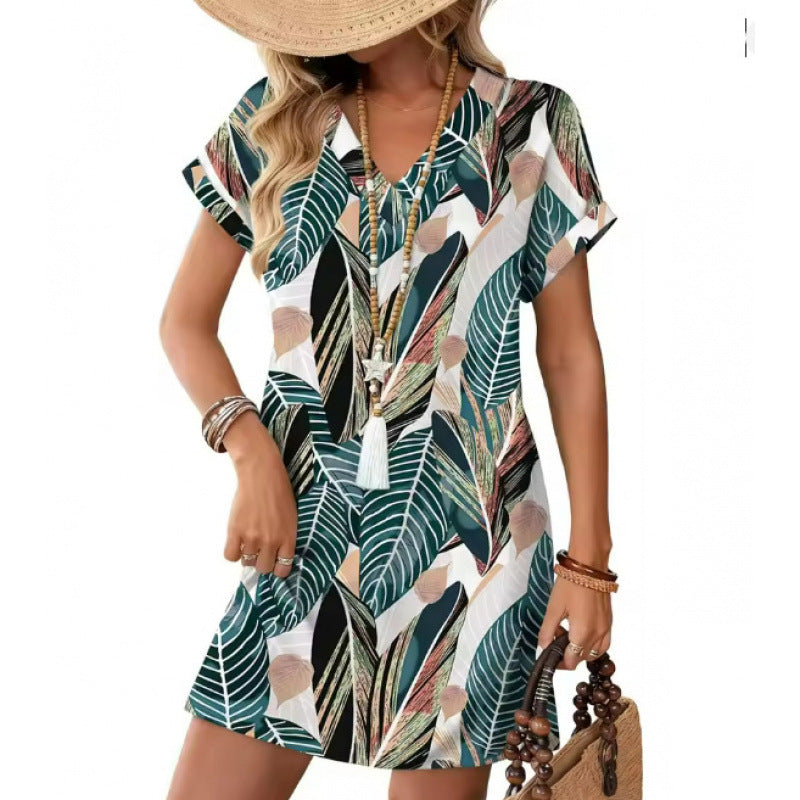 Bedrucktes V-Ausschnitt Kurzarmkleid im Street Style – Bild 14 | LuxeStyle