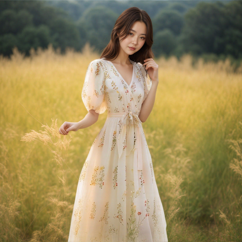 Boho-Chiffonkleid mit Blumenmuster und Puffärmeln