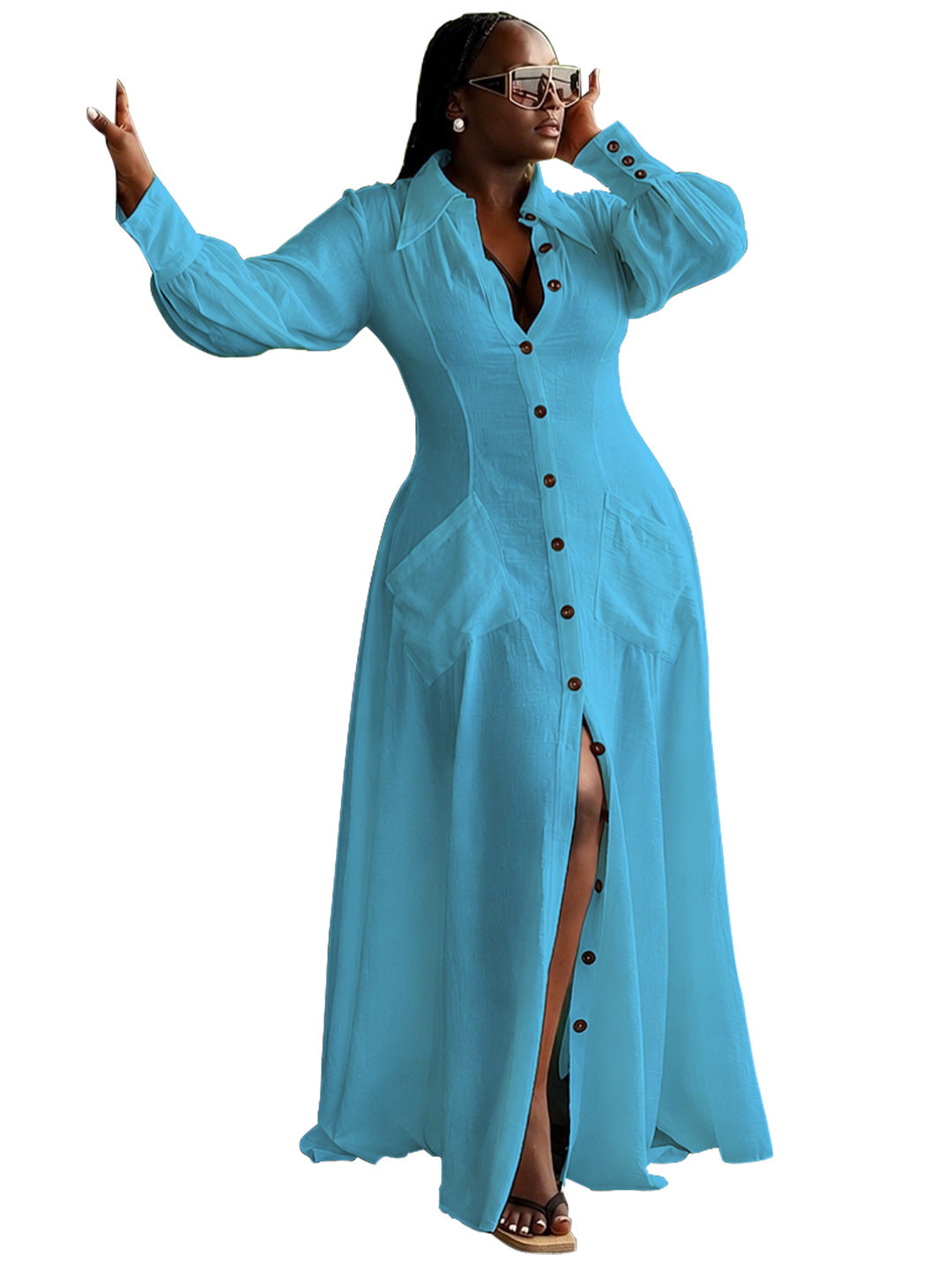 Elegantes V-Neck Maxikleid mit Knopfleiste