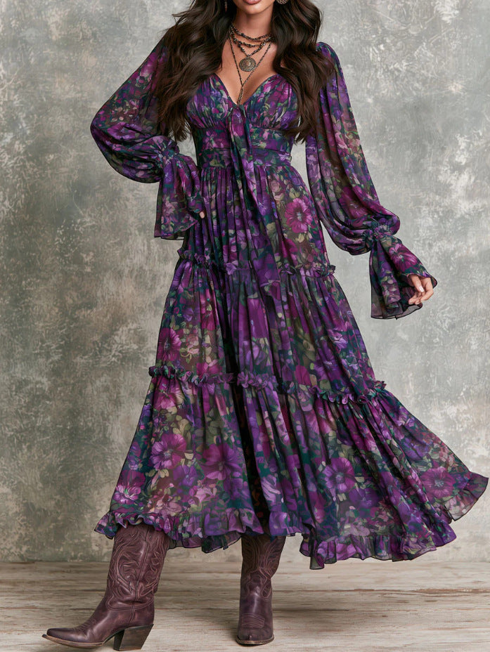 Blumenmuster-Kleid mit Rundhals und Bindedeta – Bild 3 | LuxeStyle