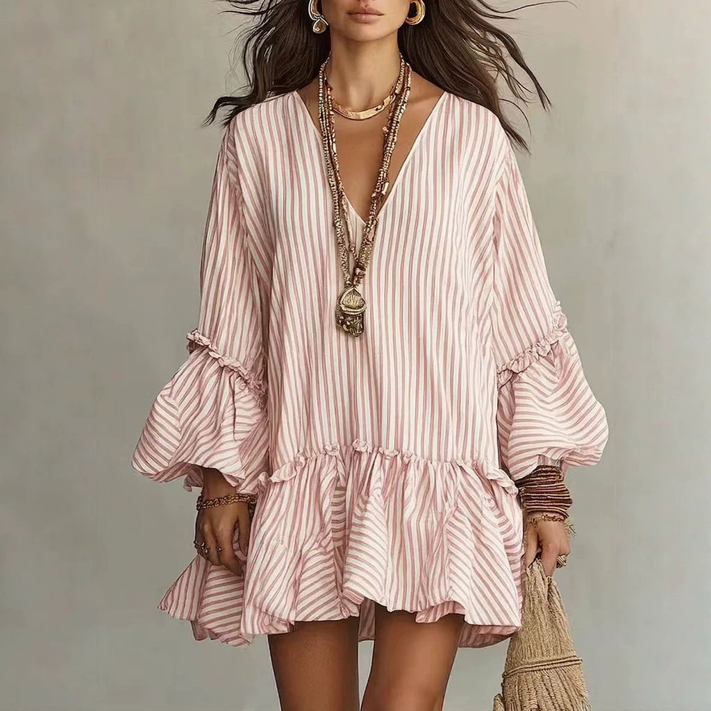 Gestreiftes Mini-Kleid mit V-Ausschnitt – Bild 9 | LuxeStyle