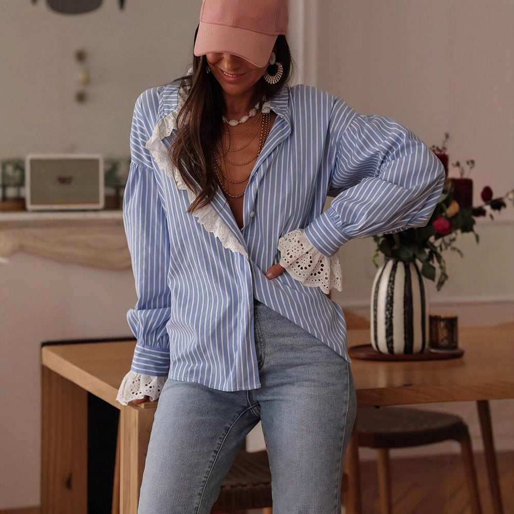 Gestreiftes Damenhemd mit Spitzen-Patchwork | LuxeStyle