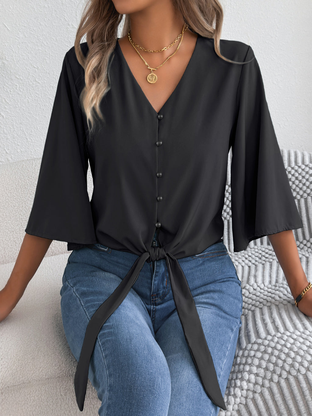 V-Ausschnitt Top mit 3/4-Ärmeln – Bild 12 | LuxeStyle