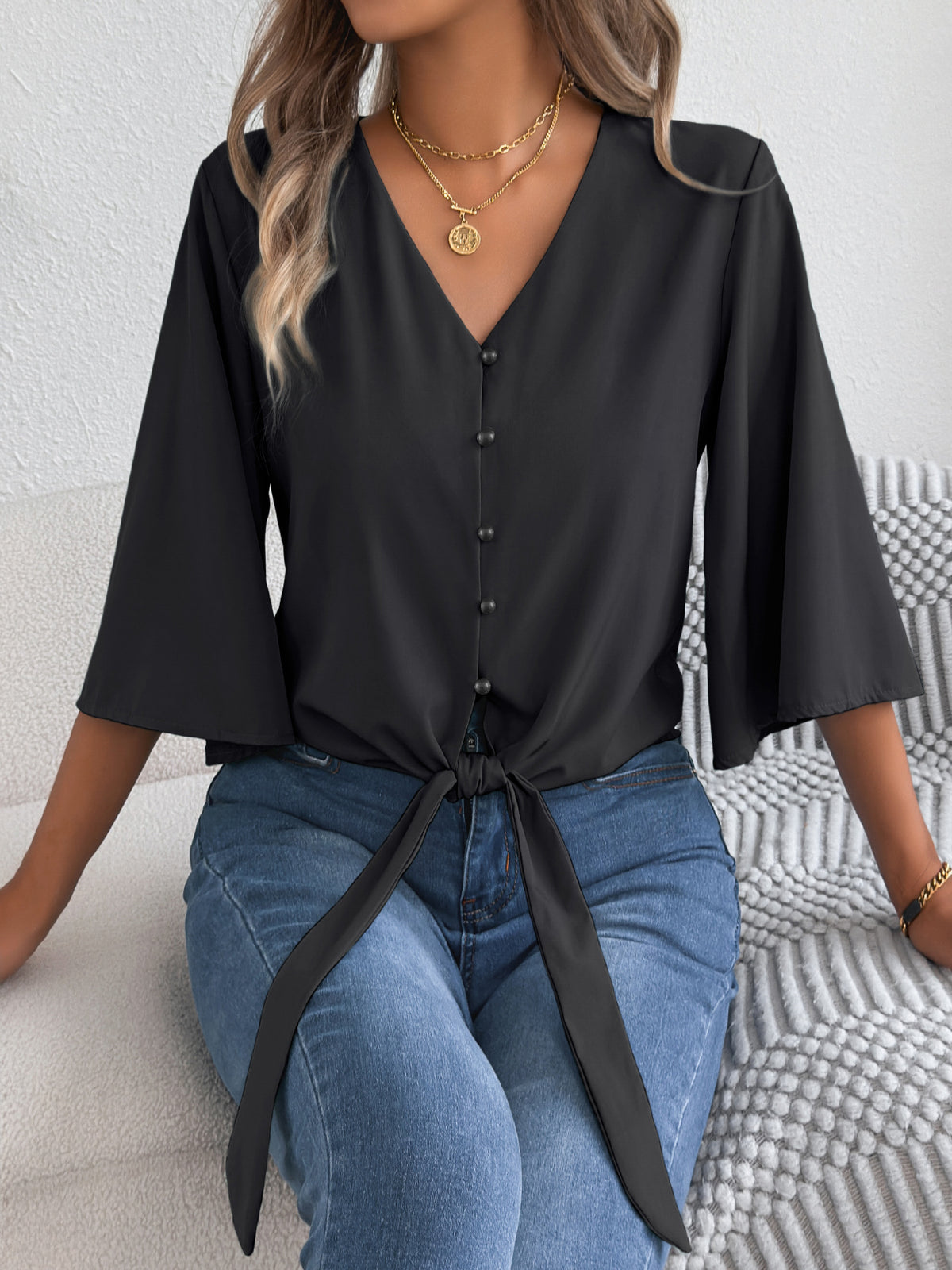 V-Ausschnitt Top mit 3/4-Ärmeln – Bild 12 | LuxeStyle