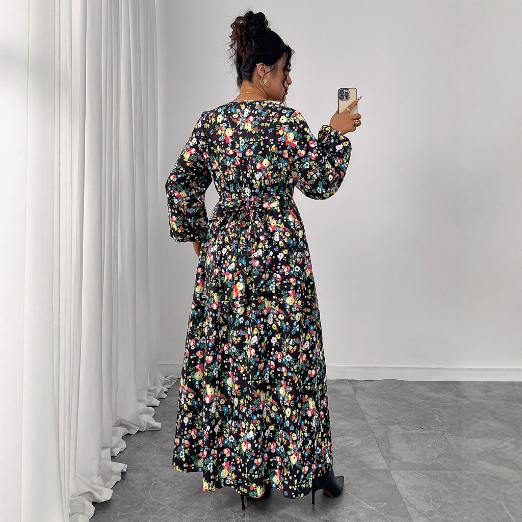 Bedrucktes V-Ausschnitt Maxikleid mit hoher Taille