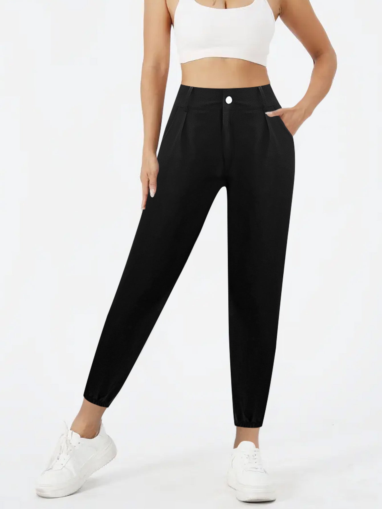 High Waist Button-Fly Jogger Pants mit Taschen