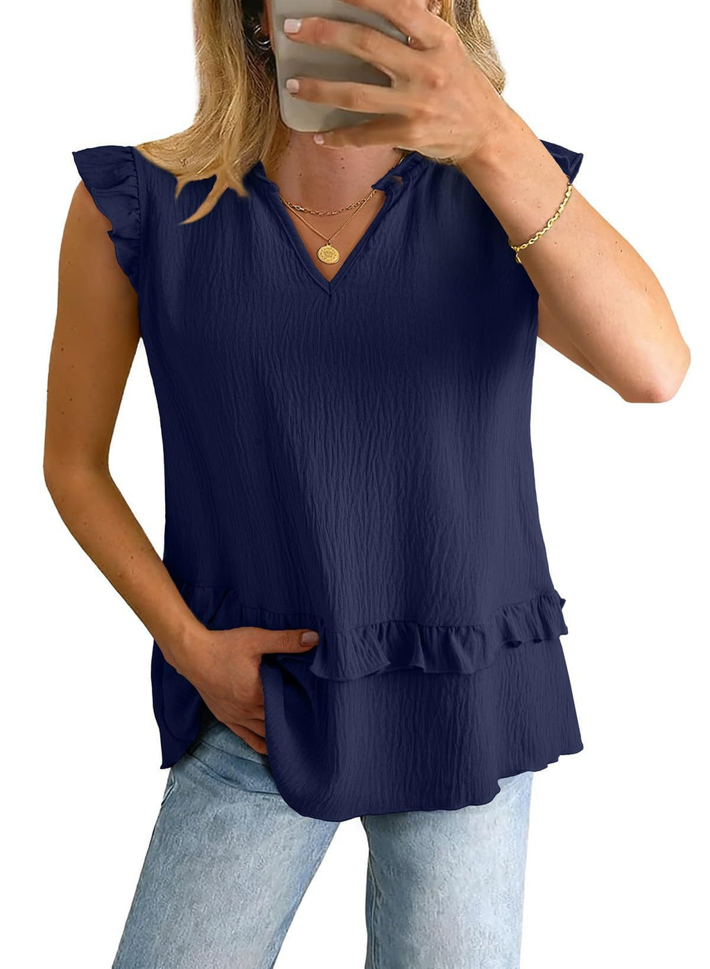 Damen V-Ausschnitt Shirt mit Rüschensaum – Bild 3 | LuxeStyle