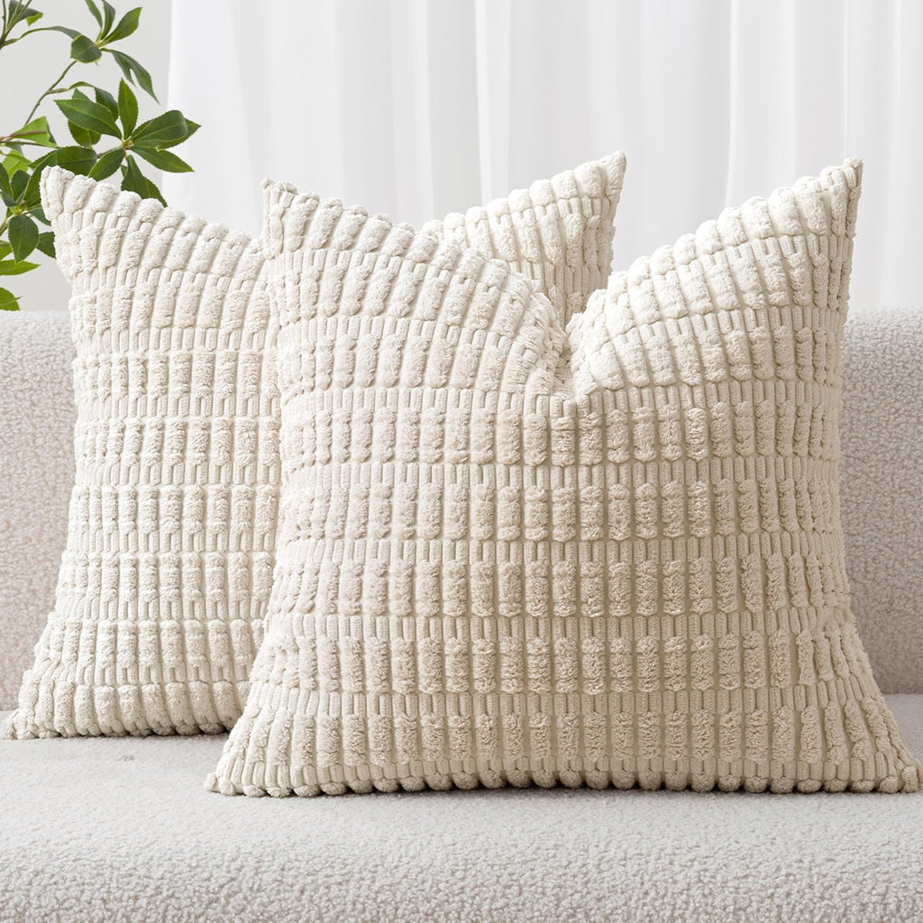 2er-Set Cord-Kissenbezüge, gestreift, Crèmeweiss