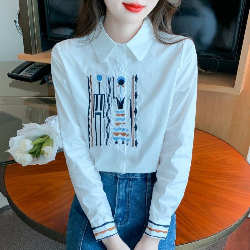 Elegante Langarm-Bluse aus bestickter Baumwolle – Ansicht 3