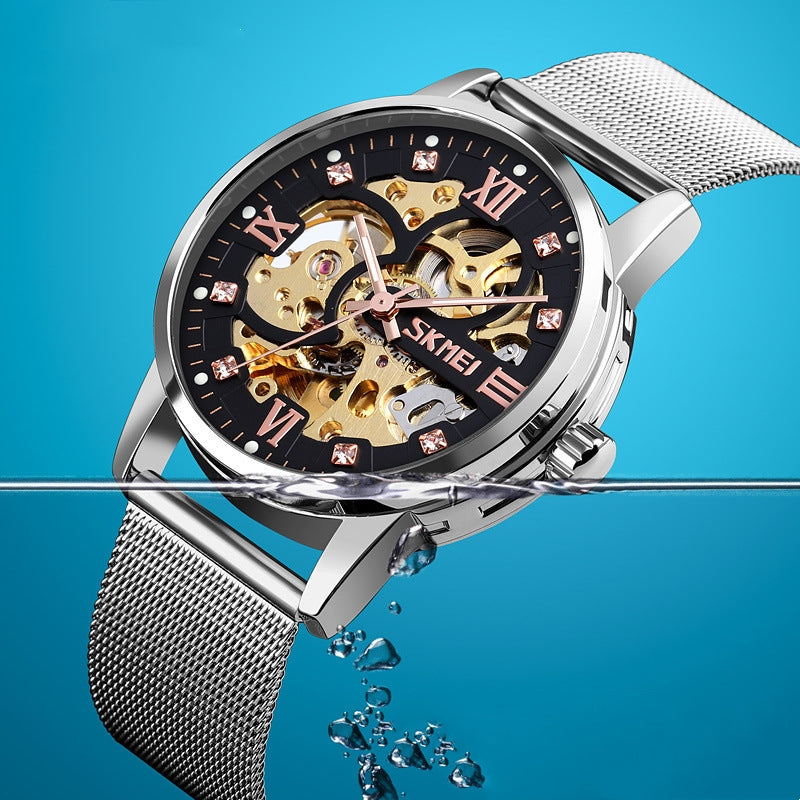 SKMEI Mechanische Herrenuhr mit Edelstahl-Mesh-Armband