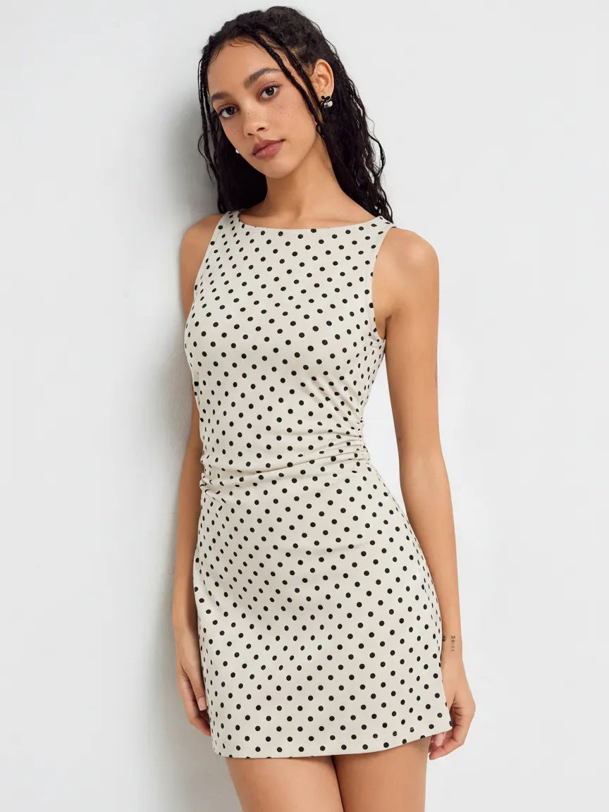 Vintage Polka-Dot Oberteil ohne Ärmel Slim Fit A-Linie Mini-Kleid