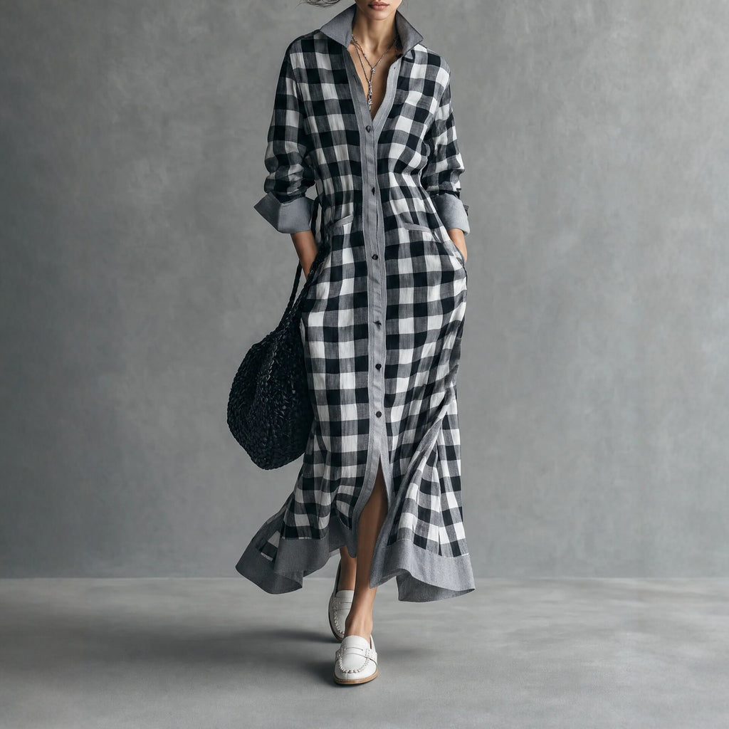 Kariertes Langarm-Hemdblusenkleid für Damen