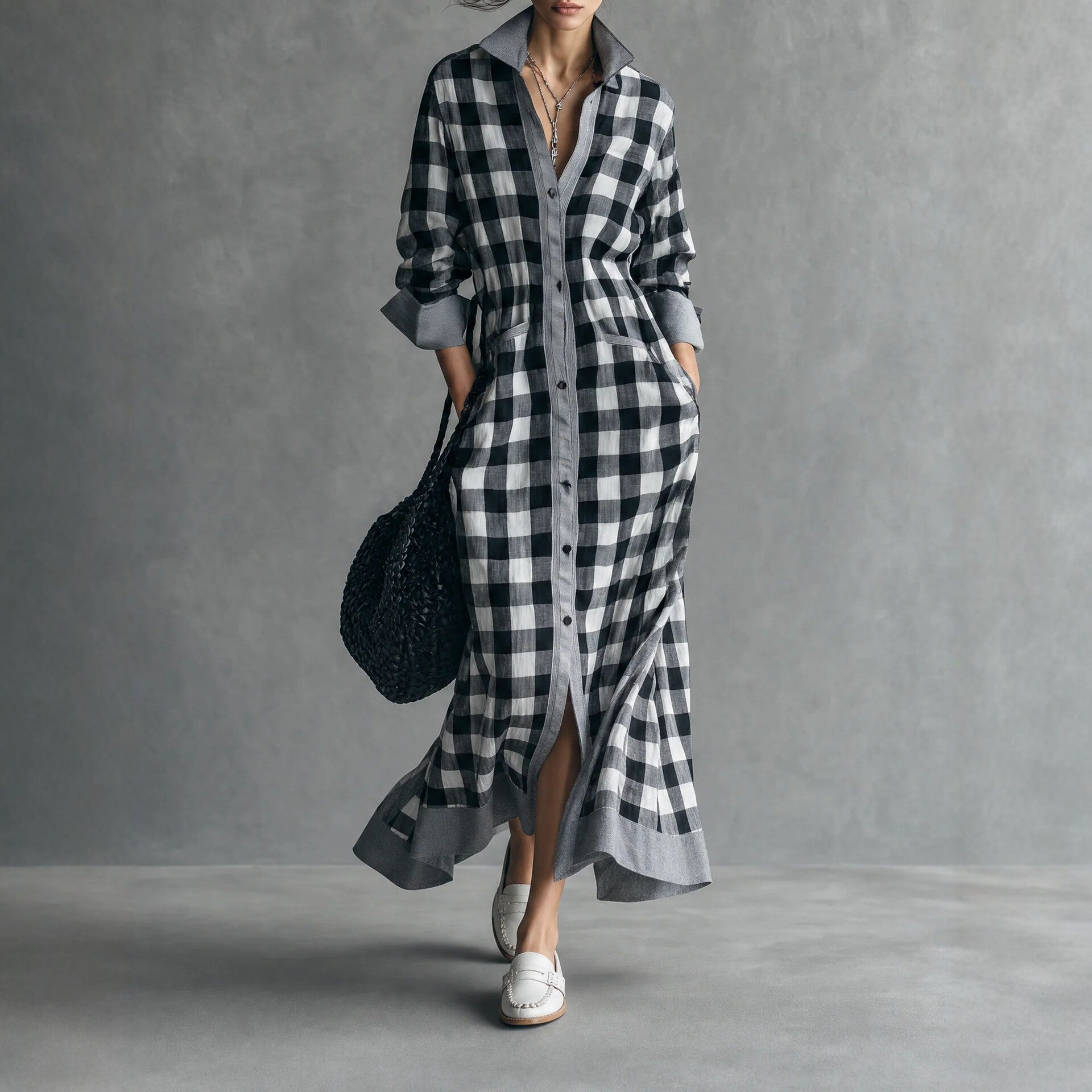 Kariertes Langarm-Hemdblusenkleid für Damen