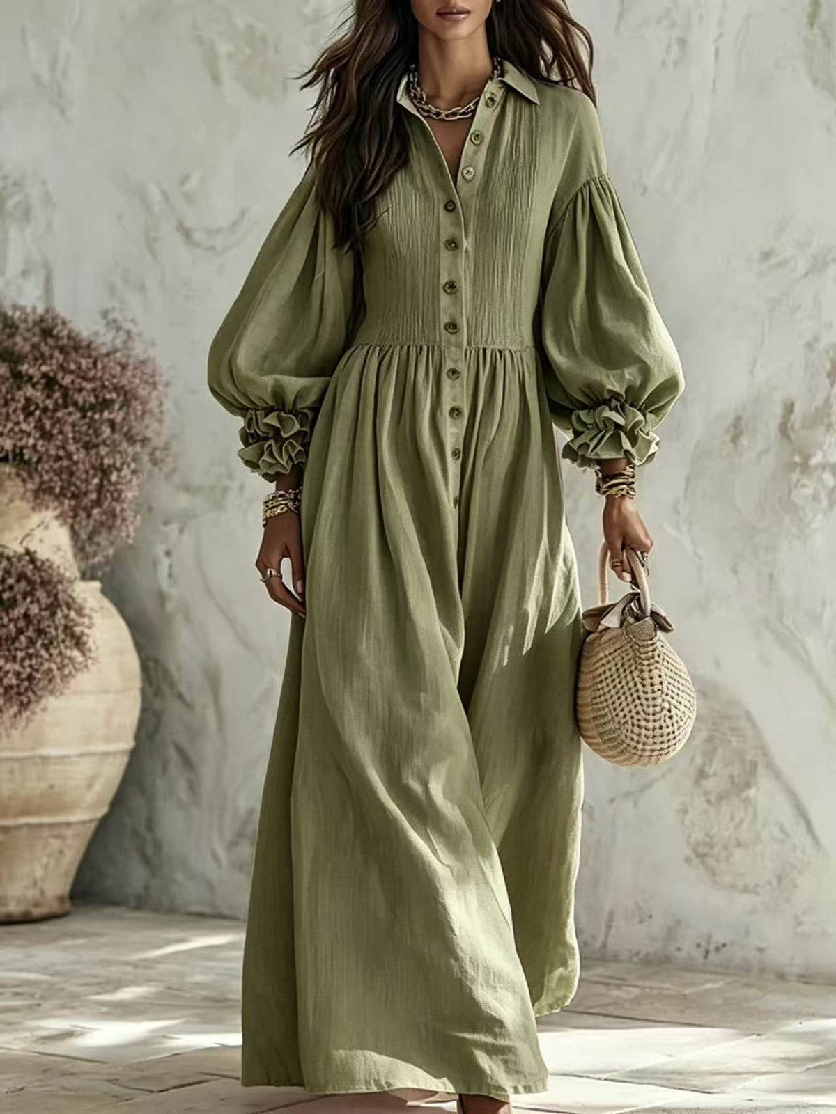 Weitenrock mit Puffärmel – langes Damenkleid – Bild 4 | LuxeStyle