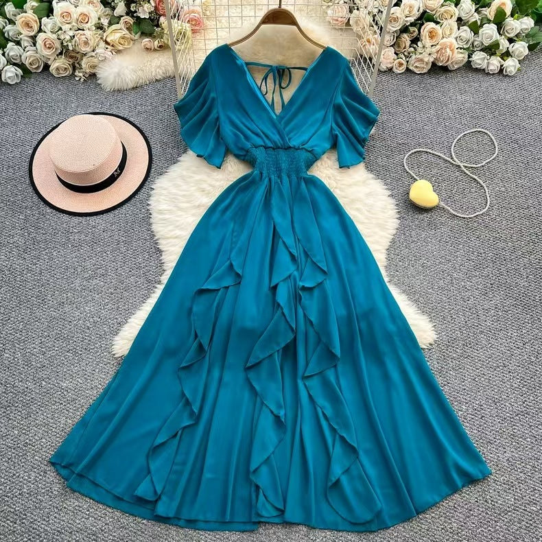 Chiffon Maxikleid mit V-Ausschnitt und Volants