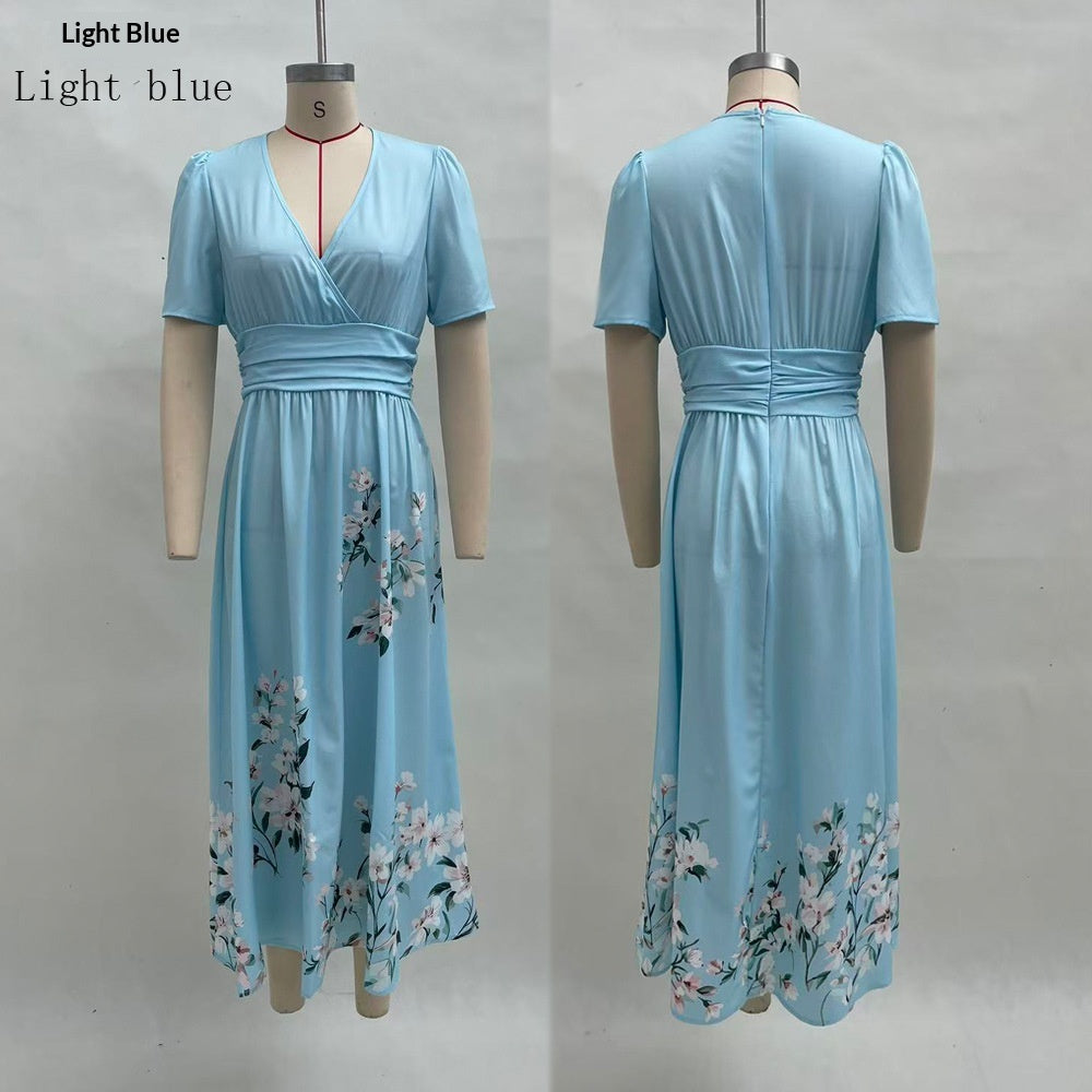 Lange Blumen-Kleid mit V-Hals