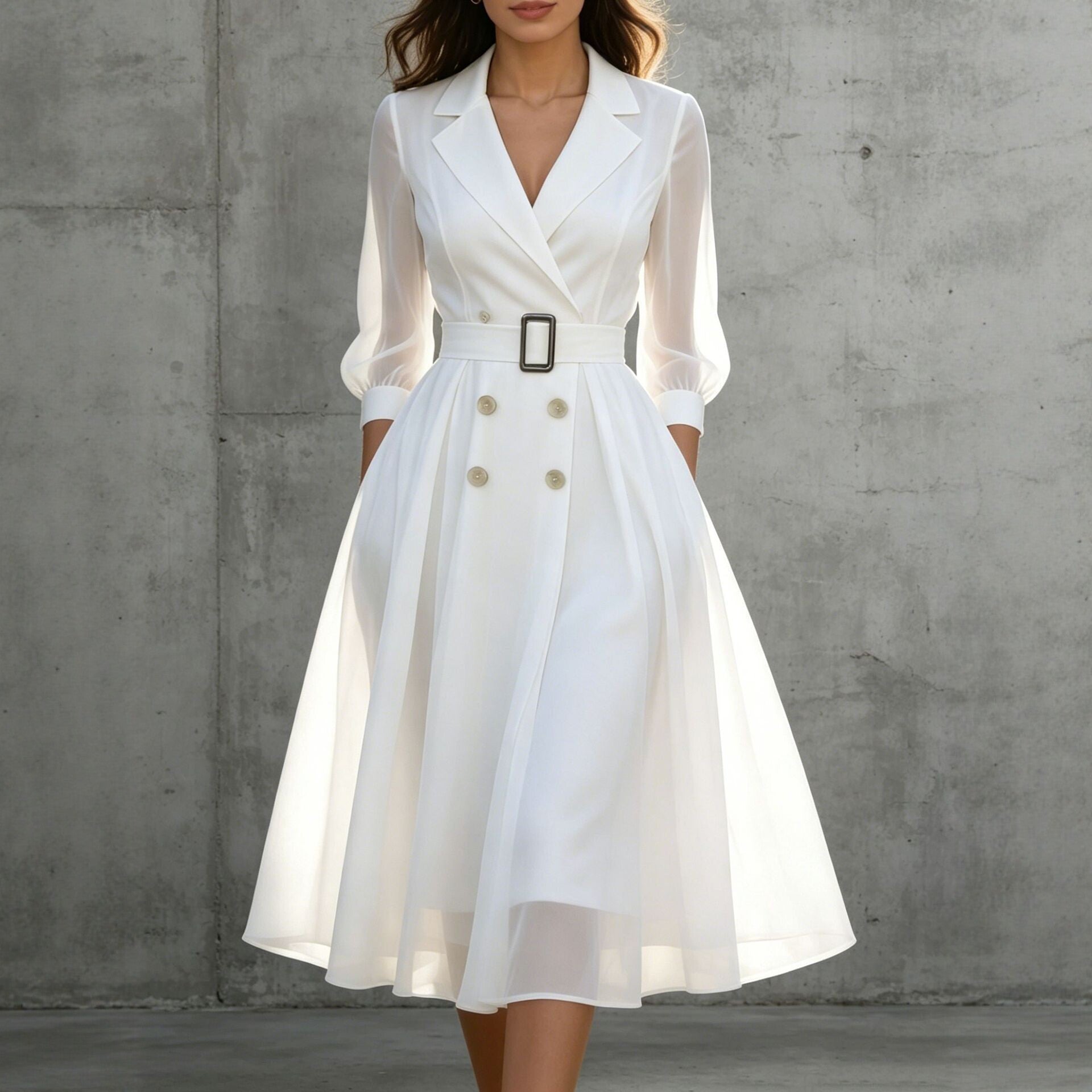 V-Ausschnitt Tailliertes Langarmkleid Damen