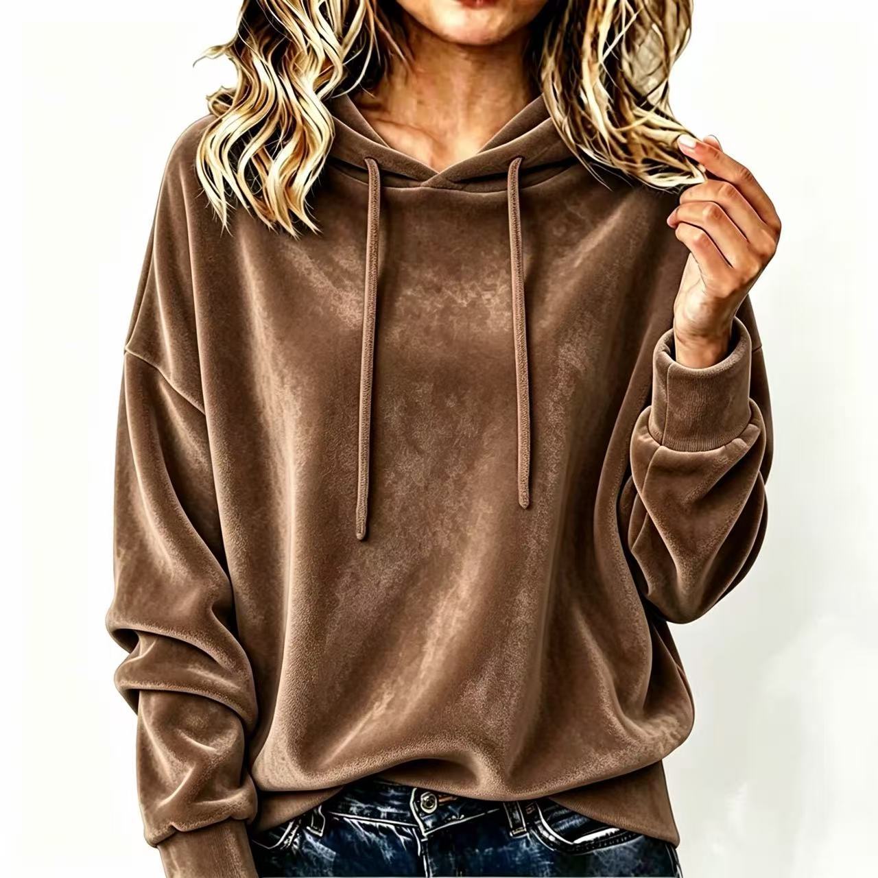 Samt-Pullover mit Kapuze und Kordelzug