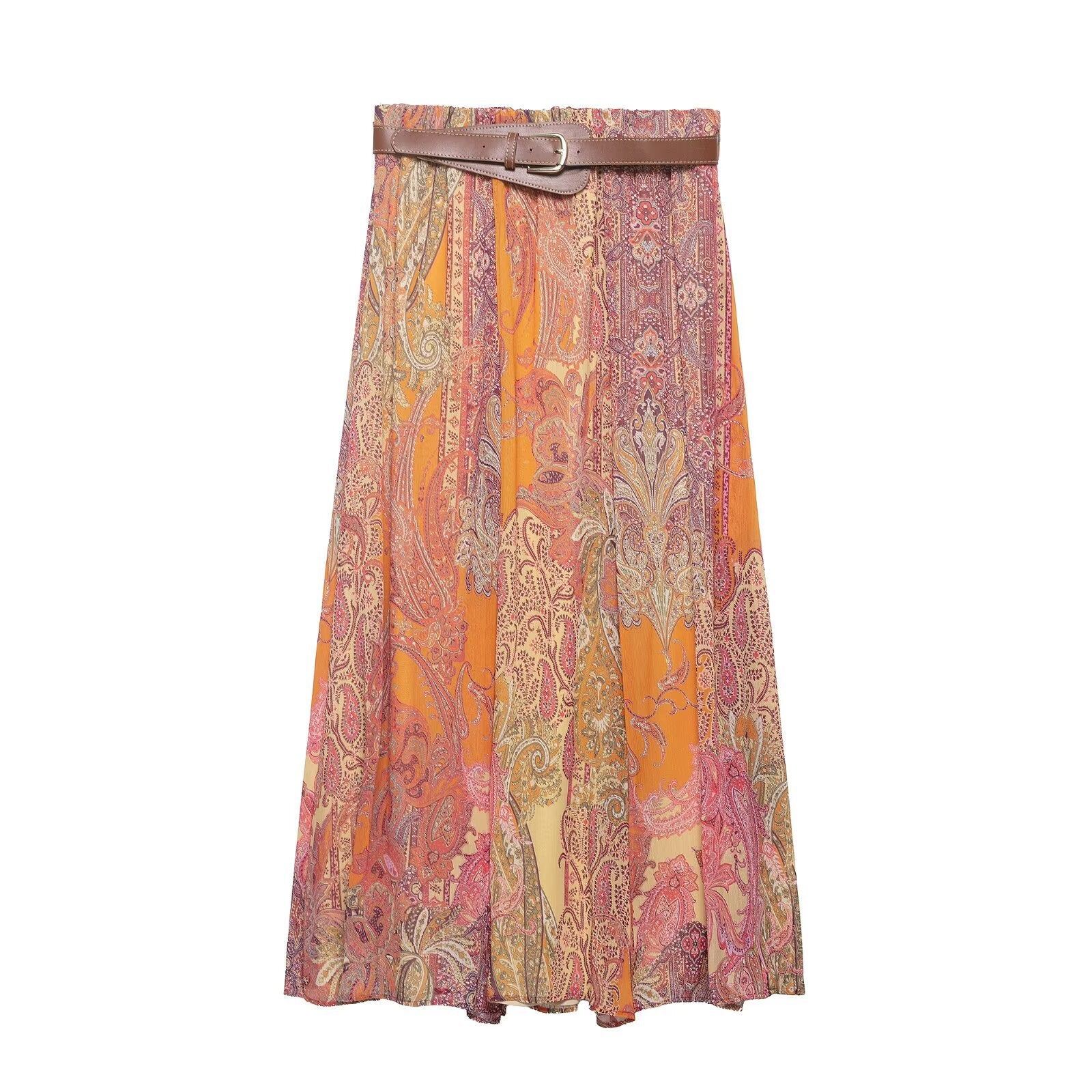 Damen Midi-Rock mit Print und Gürtel