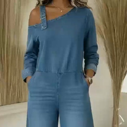 Gedruckter Denim-Achsellos-Jumpsuit mit Reißverschluss-Tasche
