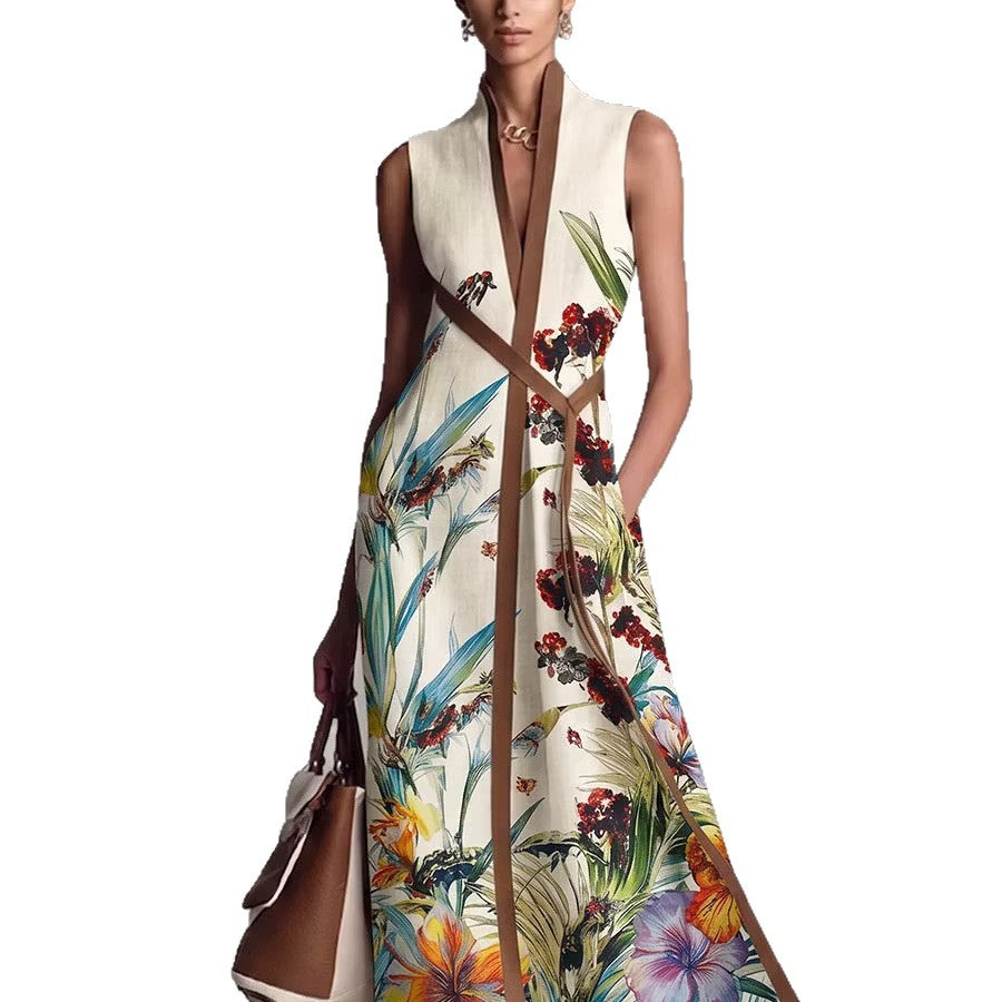 Ärmelloses Maxi-Kleid mit V-Ausschnitt & Print | LuxeStyle