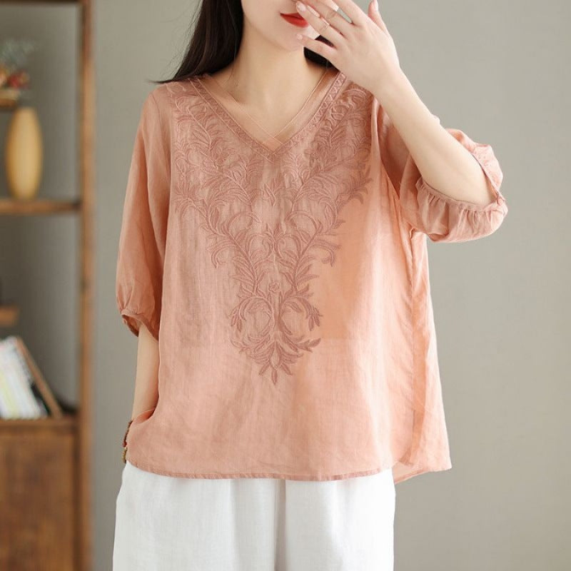 Besticktes Leinen-Baumwoll-Shirt
