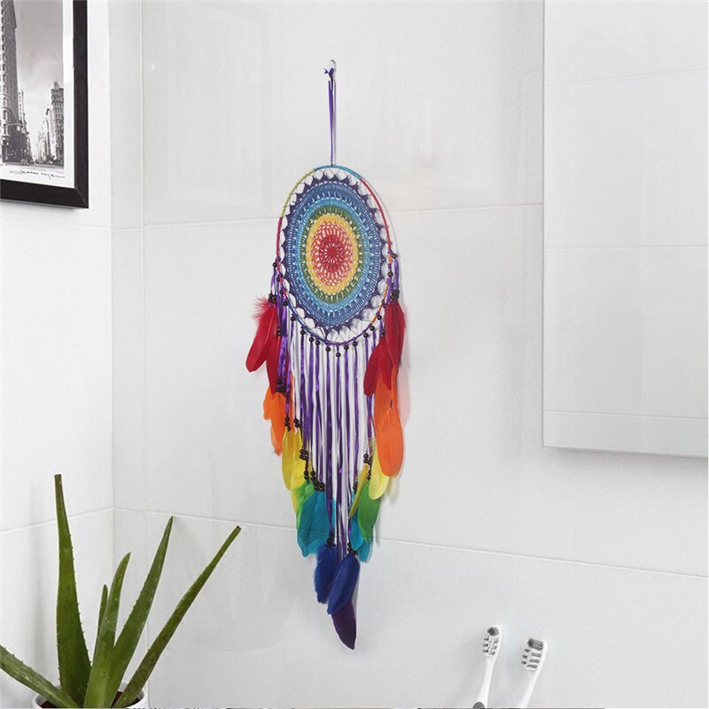 Regenbogen Traumfänger mit Federn, 35cm
