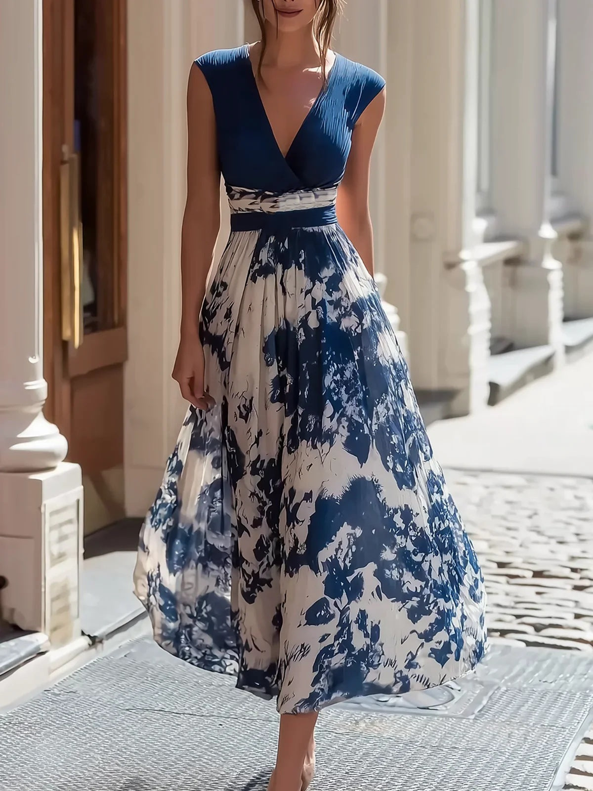 Ärmelloses V-Ausschnitt Porzellan-Print Kleid – Bild 6 | LuxeStyle