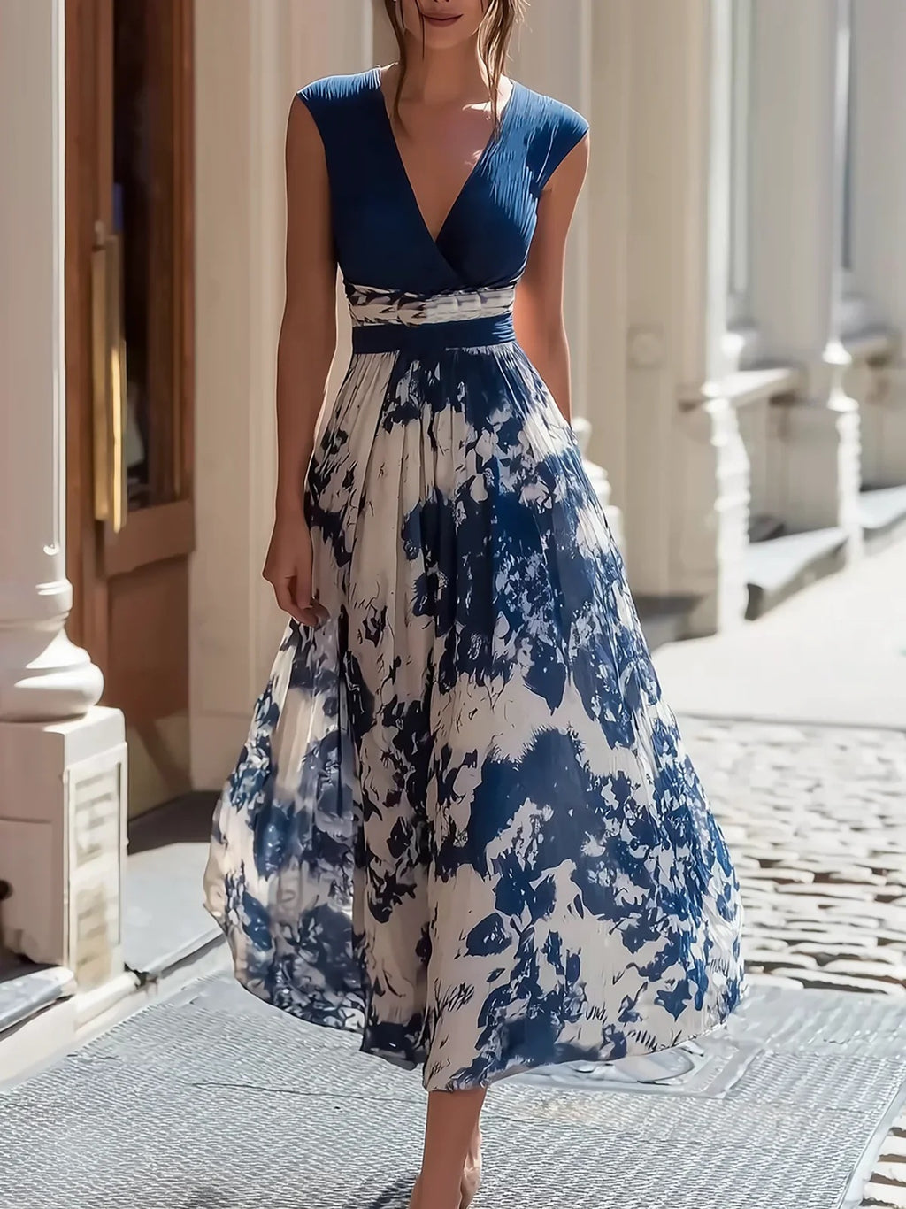 Ärmelloses V-Ausschnitt Porzellan-Print Kleid – Bild 7 | LuxeStyle
