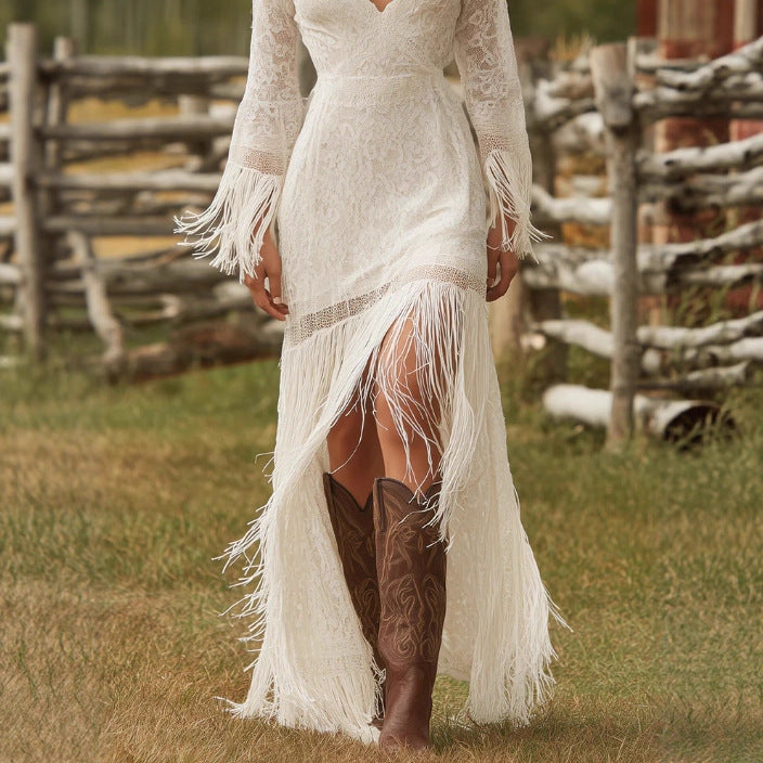 V-Ausschnitt 3/4-Ärmel Midi-Kleid mit Tasseln und asymmetrischem Rücke