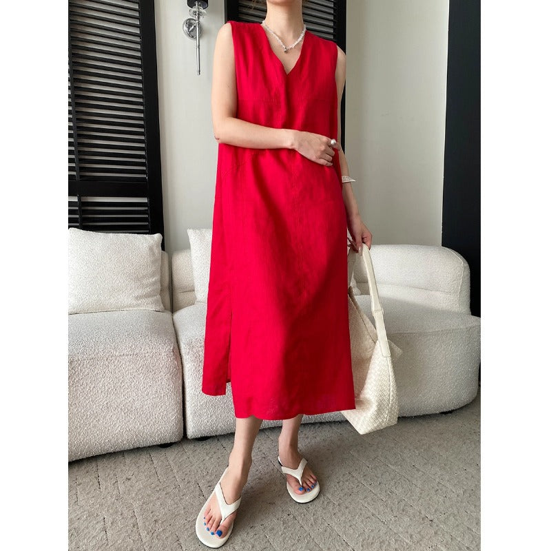 Luftiges Leinenkleid mit V-Ausschnitt